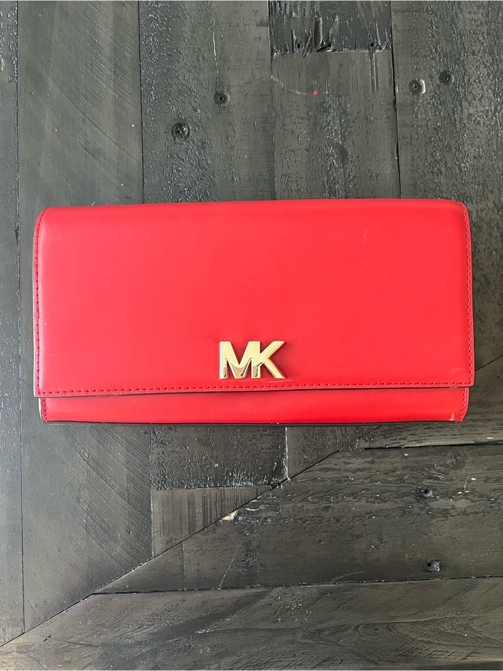 Michael Kors Red Leather MK Logo Clutch Wallet Crossbody Bag